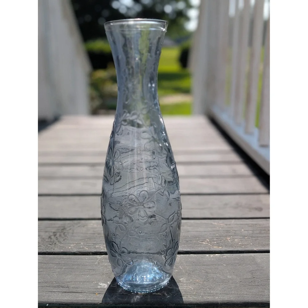 Vintage 90s Recycled Glass Tall Stem Vase Blue Green Seamed Daisy Pattern 16